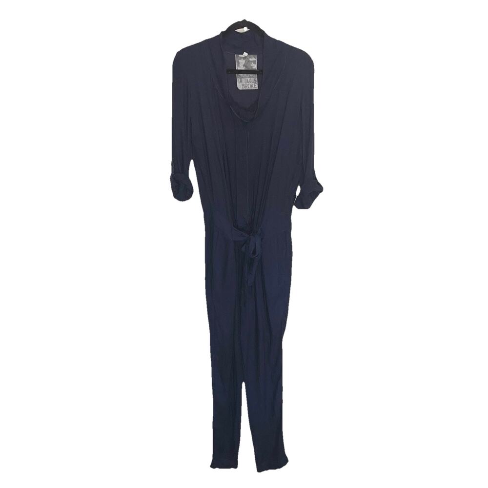 Young Fabulous Broke Jumpsuit Size S Navy Blue Button Waist Tie Roll Tab Sleeve